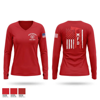 Womens Long Sleeve Vneck Shirt, Montgomery Fire Department, Fire Department, Teamtime, Team time, sublimation, custom sports apparel, team uniforms, spirit wear, spiritwear, sports uniforms, custom shirts, team store, custom team store, fundraiser sports, apparel fundraiser