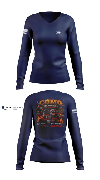 Womens Long Sleeve Vneck Shirt, Como Volunteer Fire Department, Fire Department, Teamtime, Team time, sublimation, custom sports apparel, team uniforms, spirit wear, spiritwear, sports uniforms, custom shirts, team store, custom team store, fundraiser sports, apparel fundraiser