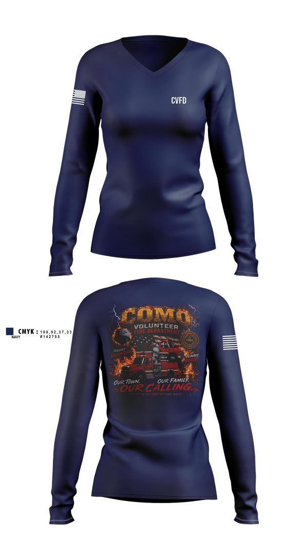 Womens Long Sleeve Vneck Shirt, Como Volunteer Fire Department, Fire Department, Teamtime, Team time, sublimation, custom sports apparel, team uniforms, spirit wear, spiritwear, sports uniforms, custom shirts, team store, custom team store, fundraiser sports, apparel fundraiser
