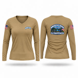 Womens Long Sleeve Vneck Shirt, America’s Road to Forgiveness, Army, Teamtime, Team time, sublimation, custom sports apparel, team uniforms, spirit wear, spiritwear, sports uniforms, custom shirts, team store, custom team store, fundraiser sports, apparel fundraiser
