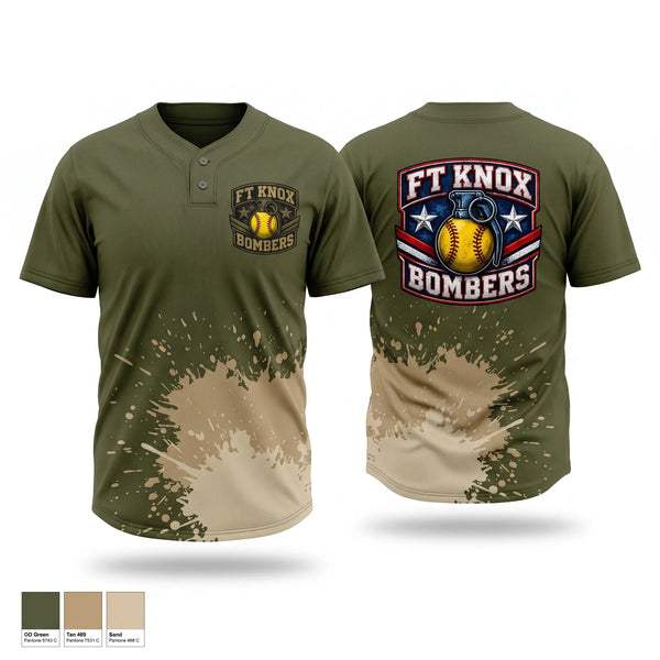 Two Button Softball Jersey, Fort Knox Bombers, Softball, Teamtime, Team time, sublimation, custom sports apparel, team uniforms, spirit wear, spiritwear, sports uniforms, custom shirts, team store, custom team store, fundraiser sports, apparel fundraiser