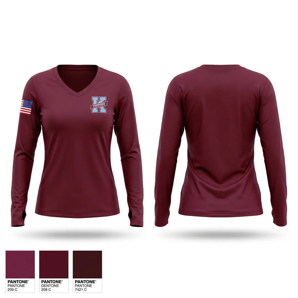 Womens Long Sleeve Vneck Shirt, Kankakee Kay’s JROTC, Army, Teamtime, Team time, sublimation, custom sports apparel, team uniforms, spirit wear, spiritwear, sports uniforms, custom shirts, team store, custom team store, fundraiser sports, apparel fundraiser