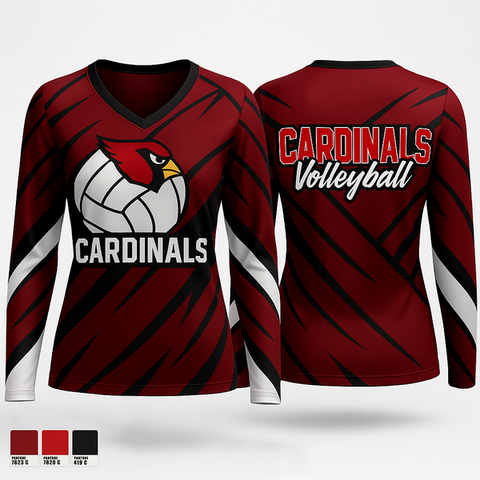 Womens Long Sleeve Vneck Shirt, Cardinals, Women's Volleyball, Teamtime, Team time, sublimation, custom sports apparel, team uniforms, spirit wear, spiritwear, sports uniforms, custom shirts, team store, custom team store, fundraiser sports, apparel fundraiser