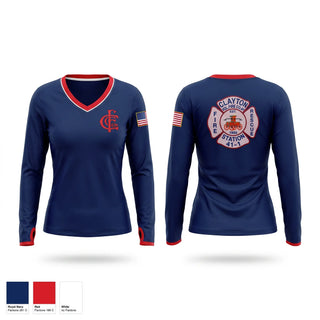 Womens Long Sleeve Vneck Shirt, Clayton Fire Department, Fire Department, Teamtime, Team time, sublimation, custom sports apparel, team uniforms, spirit wear, spiritwear, sports uniforms, custom shirts, team store, custom team store, fundraiser sports, apparel fundraiser
