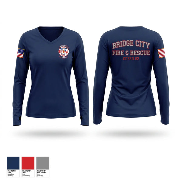 Womens Long Sleeve Vneck Shirt, Bridge City Fire Department, Fire Department, Teamtime, Team time, sublimation, custom sports apparel, team uniforms, spirit wear, spiritwear, sports uniforms, custom shirts, team store, custom team store, fundraiser sports, apparel fundraiser