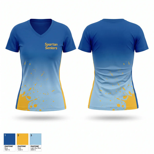 Womens Short Sleeve Vneck Shirt, Spartan Seniors, Cross Country, Teamtime, Team time, sublimation, custom sports apparel, team uniforms, spirit wear, spiritwear, sports uniforms, custom shirts, team store, custom team store, fundraiser sports, apparel fundraiser
