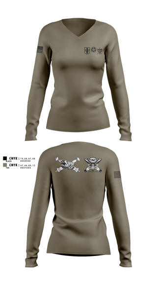 Womens Long Sleeve Vneck Shirt, Boar Battery 1-77 FAR, Army, Teamtime, Team time, sublimation, custom sports apparel, team uniforms, spirit wear, spiritwear, sports uniforms, custom shirts, team store, custom team store, fundraiser sports, apparel fundraiser