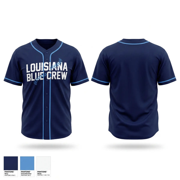 Full Button Baseball Jersey, Louisiana Blue Crew, Baseball, Teamtime, Team time, sublimation, custom sports apparel, team uniforms, spirit wear, spiritwear, sports uniforms, custom shirts, team store, custom team store, fundraiser sports, apparel fundraiser