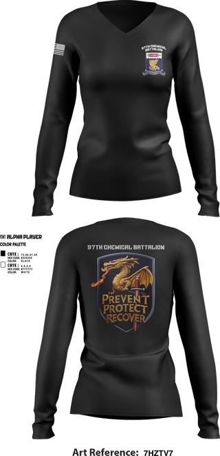 Womens Long Sleeve Vneck Shirt, 97TH Chemical Battalion, , Teamtime, Team time, sublimation, custom sports apparel, team uniforms, spirit wear, spiritwear, sports uniforms, custom shirts, team store, custom team store, fundraiser sports, apparel fundraiser
