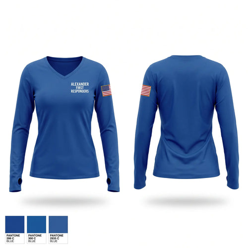 Womens Long Sleeve Vneck Shirt, ALEXANDER FIRE RESPONDERS, EMS/EMT, Teamtime, Team time, sublimation, custom sports apparel, team uniforms, spirit wear, spiritwear, sports uniforms, custom shirts, team store, custom team store, fundraiser sports, apparel fundraiser