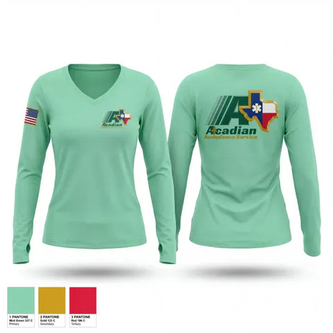 Womens Long Sleeve Vneck Shirt, Acadian, EMS/EMT, Teamtime, Team time, sublimation, custom sports apparel, team uniforms, spirit wear, spiritwear, sports uniforms, custom shirts, team store, custom team store, fundraiser sports, apparel fundraiser