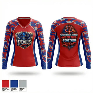 Womens Long Sleeve Vneck Shirt, BURLINGTON BLUE DEVILS FOOTBALL CLUB, , Teamtime, Team time, sublimation, custom sports apparel, team uniforms, spirit wear, spiritwear, sports uniforms, custom shirts, team store, custom team store, fundraiser sports, apparel fundraiser