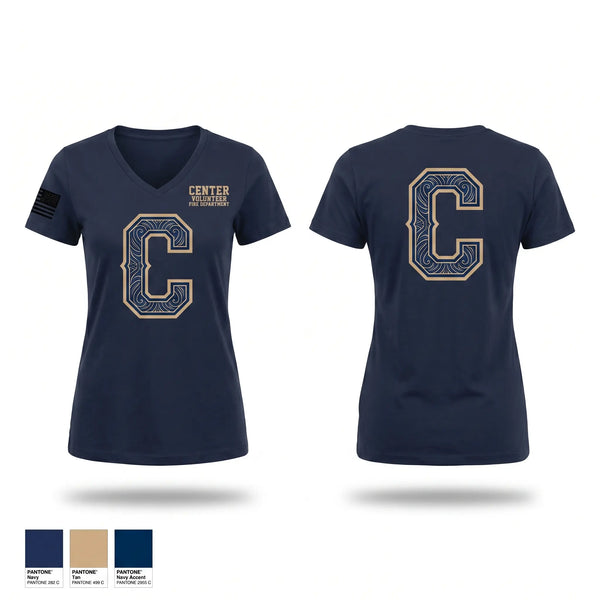 Womens Short Sleeve Vneck Shirt, Center volunteer Fire department, Fire Department, Teamtime, Team time, sublimation, custom sports apparel, team uniforms, spirit wear, spiritwear, sports uniforms, custom shirts, team store, custom team store, fundraiser sports, apparel fundraiser