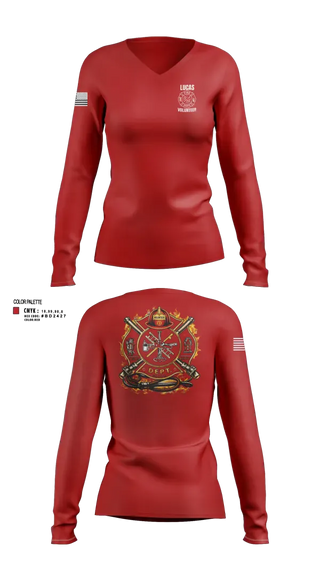 Womens Long Sleeve Vneck Shirt, Lucas Volunteer Fire Department, Fire Department, Teamtime, Team time, sublimation, custom sports apparel, team uniforms, spirit wear, spiritwear, sports uniforms, custom shirts, team store, custom team store, fundraiser sports, apparel fundraiser