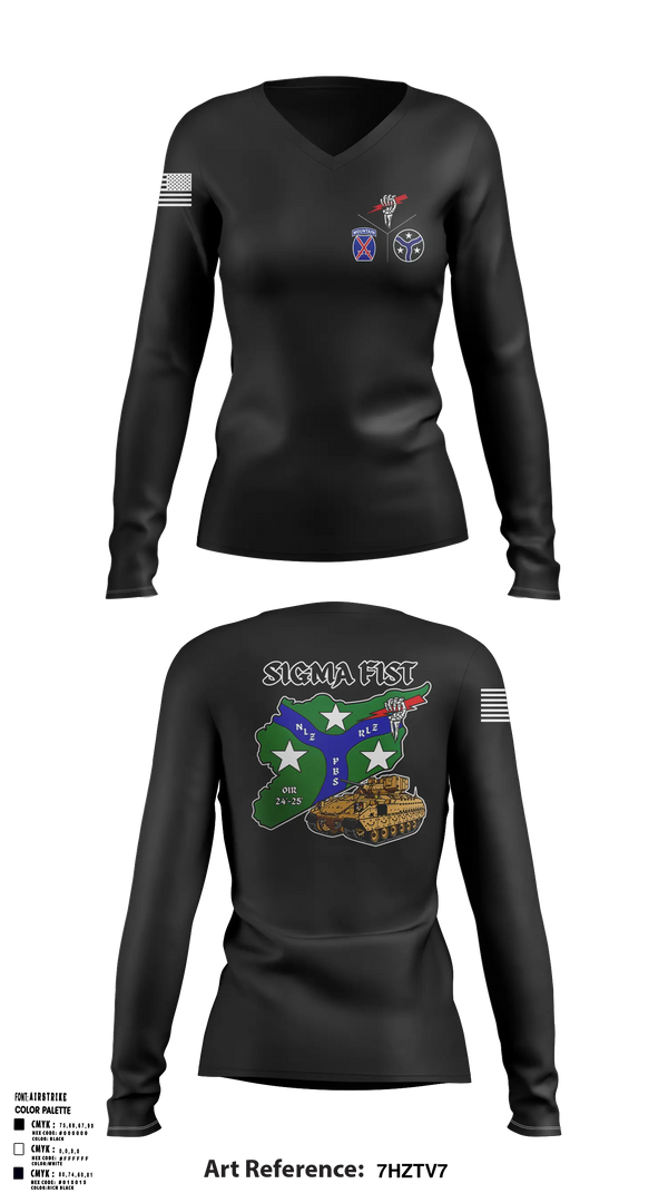 Womens Long Sleeve Vneck Shirt, 1/115th FA HHB DET 1, Army, Teamtime, Team time, sublimation, custom sports apparel, team uniforms, spirit wear, spiritwear, sports uniforms, custom shirts, team store, custom team store, fundraiser sports, apparel fundraiser