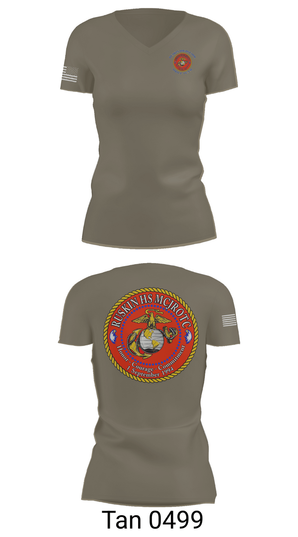 Womens Short Sleeve Vneck Shirt, Ruskin Highschool MCJROTC drill team, Marines, Teamtime, Team time, sublimation, custom sports apparel, team uniforms, spirit wear, spiritwear, sports uniforms, custom shirts, team store, custom team store, fundraiser sports, apparel fundraiser