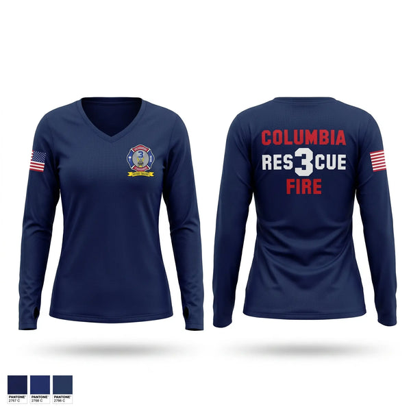 Womens Long Sleeve Vneck Shirt, Columbia Fire Department RESCUE3, Fire Department, Teamtime, Team time, sublimation, custom sports apparel, team uniforms, spirit wear, spiritwear, sports uniforms, custom shirts, team store, custom team store, fundraiser sports, apparel fundraiser