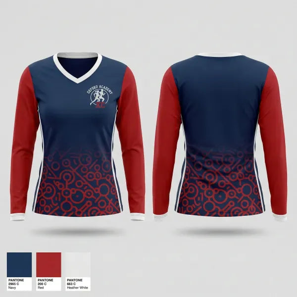 Womens Long Sleeve Vneck Shirt, Oxford Academy Patriots, Track & Field, Teamtime, Team time, sublimation, custom sports apparel, team uniforms, spirit wear, spiritwear, sports uniforms, custom shirts, team store, custom team store, fundraiser sports, apparel fundraiser