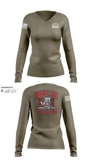 Womens Long Sleeve Vneck Shirt, Bravo Company “Bulldogs” 31st Engineer Battalion, , Teamtime, Team time, sublimation, custom sports apparel, team uniforms, spirit wear, spiritwear, sports uniforms, custom shirts, team store, custom team store, fundraiser sports, apparel fundraiser
