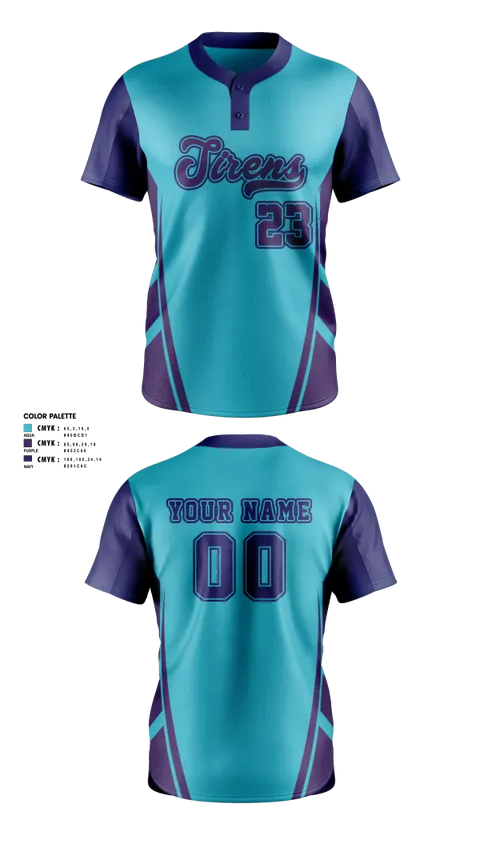 Two Button Softball Jersey, Sirens, Softball, Teamtime, Team time, sublimation, custom sports apparel, team uniforms, spirit wear, spiritwear, sports uniforms, custom shirts, team store, custom team store, fundraiser sports, apparel fundraiser