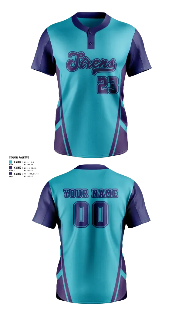 Two Button Softball Jersey, Sirens, Softball, Teamtime, Team time, sublimation, custom sports apparel, team uniforms, spirit wear, spiritwear, sports uniforms, custom shirts, team store, custom team store, fundraiser sports, apparel fundraiser