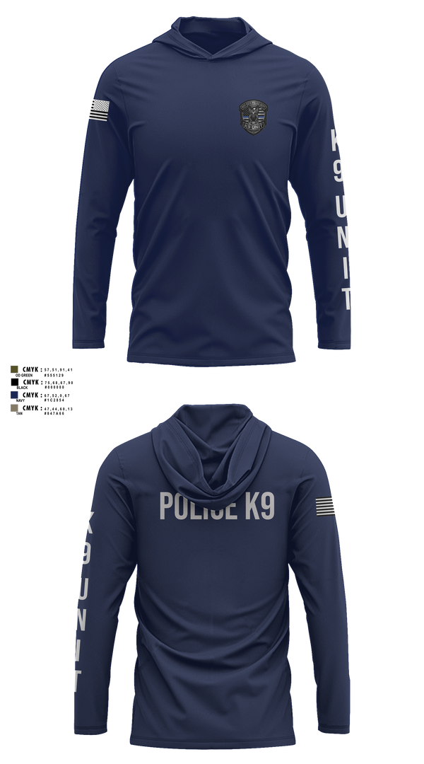 Long Sleeve Hooded Sun Shirt, Roy Cit Police K9, Police, Teamtime, Team time, sublimation, custom sports apparel, team uniforms, spirit wear, spiritwear, sports uniforms, custom shirts, team store, custom team store, fundraiser sports, apparel fundraiser