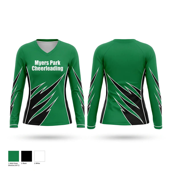 Womens Long Sleeve Vneck Shirt, Myers Park Cheerleading, Cheer, Teamtime, Team time, sublimation, custom sports apparel, team uniforms, spirit wear, spiritwear, sports uniforms, custom shirts, team store, custom team store, fundraiser sports, apparel fundraiser