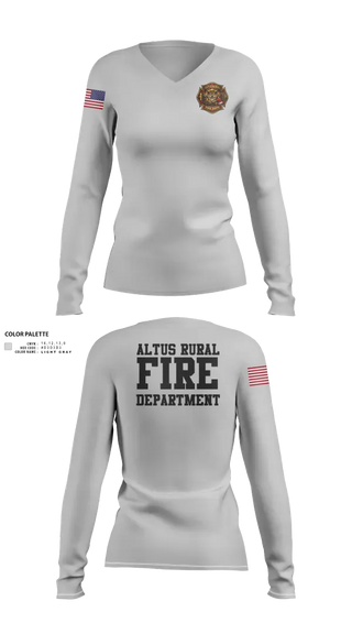 Womens Long Sleeve Vneck Shirt, Altus Rural Fire Department, Fire Department, Teamtime, Team time, sublimation, custom sports apparel, team uniforms, spirit wear, spiritwear, sports uniforms, custom shirts, team store, custom team store, fundraiser sports, apparel fundraiser