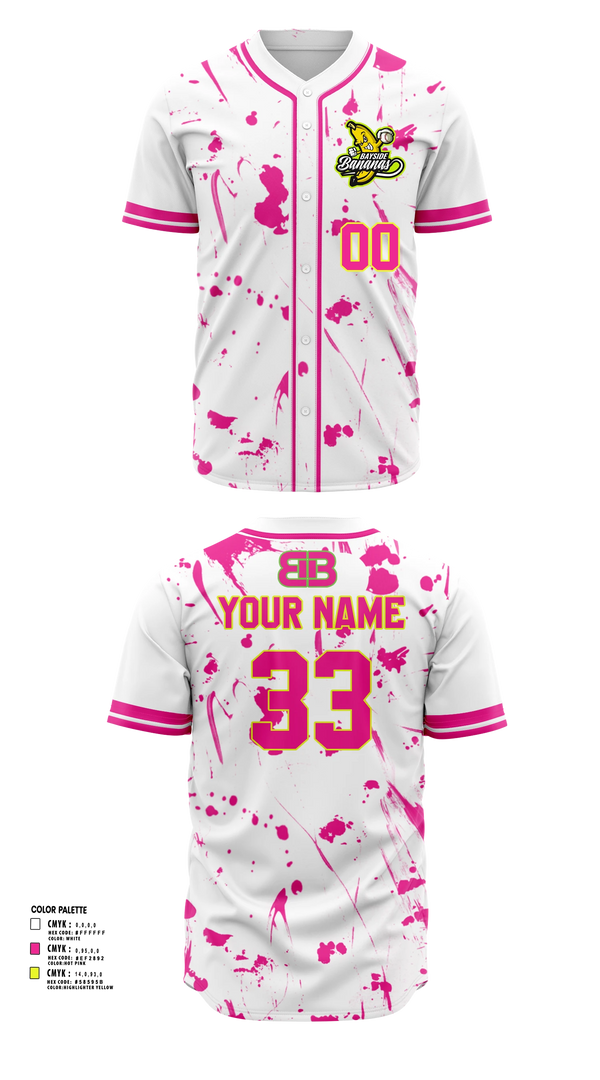 Full Button Baseball Jersey, Bayside Bananas, Baseball, Teamtime, Team time, sublimation, custom sports apparel, team uniforms, spirit wear, spiritwear, sports uniforms, custom shirts, team store, custom team store, fundraiser sports, apparel fundraiser