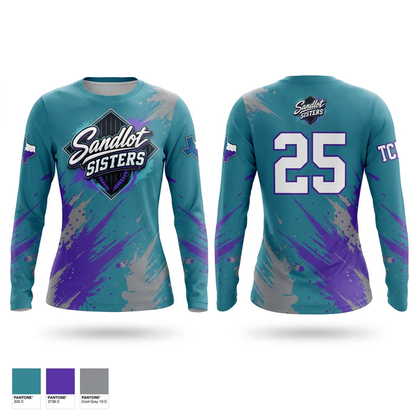 Long Sleeve Performance Shirt, Sandlot Sisters, Softball, Teamtime, Team time, sublimation, custom sports apparel, team uniforms, spirit wear, spiritwear, sports uniforms, custom shirts, team store, custom team store, fundraiser sports, apparel fundraiser