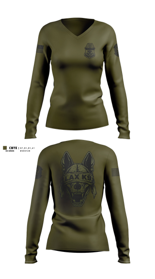 Womens Long Sleeve Vneck Shirt, LAX Canine Enforcement Officer, Police, Teamtime, Team time, sublimation, custom sports apparel, team uniforms, spirit wear, spiritwear, sports uniforms, custom shirts, team store, custom team store, fundraiser sports, apparel fundraiser