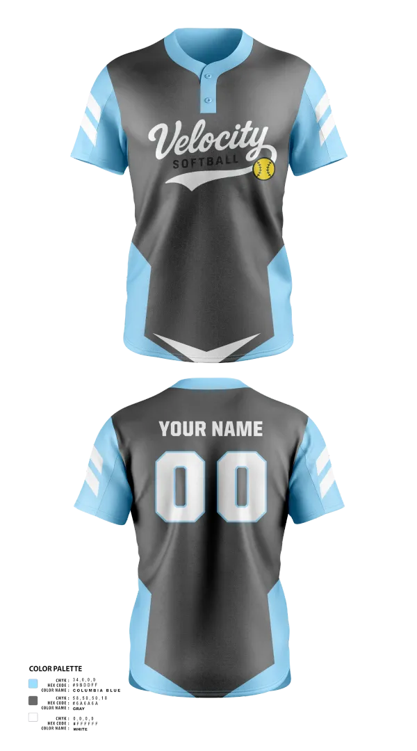 Two Button Softball Jersey, Velocity, Softball, Teamtime, Team time, sublimation, custom sports apparel, team uniforms, spirit wear, spiritwear, sports uniforms, custom shirts, team store, custom team store, fundraiser sports, apparel fundraiser
