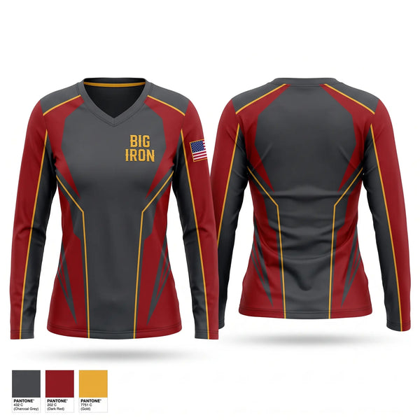 Womens Long Sleeve Vneck Shirt, Big Iron, Fire Department, Teamtime, Team time, sublimation, custom sports apparel, team uniforms, spirit wear, spiritwear, sports uniforms, custom shirts, team store, custom team store, fundraiser sports, apparel fundraiser