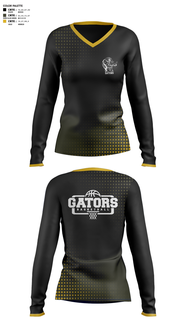 Womens Long Sleeve Vneck Shirt, Gators, Women's Basketball, Teamtime, Team time, sublimation, custom sports apparel, team uniforms, spirit wear, spiritwear, sports uniforms, custom shirts, team store, custom team store, fundraiser sports, apparel fundraiser