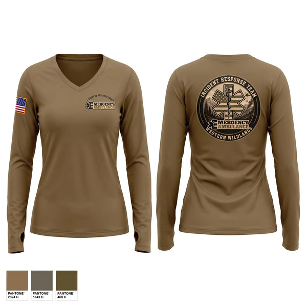 Womens Long Sleeve Vneck Shirt, Emergency Ambulance Service, EMS/EMT, Teamtime, Team time, sublimation, custom sports apparel, team uniforms, spirit wear, spiritwear, sports uniforms, custom shirts, team store, custom team store, fundraiser sports, apparel fundraiser