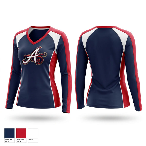 Womens Long Sleeve Vneck Shirt, East Texas Arsenal, Baseball, Teamtime, Team time, sublimation, custom sports apparel, team uniforms, spirit wear, spiritwear, sports uniforms, custom shirts, team store, custom team store, fundraiser sports, apparel fundraiser