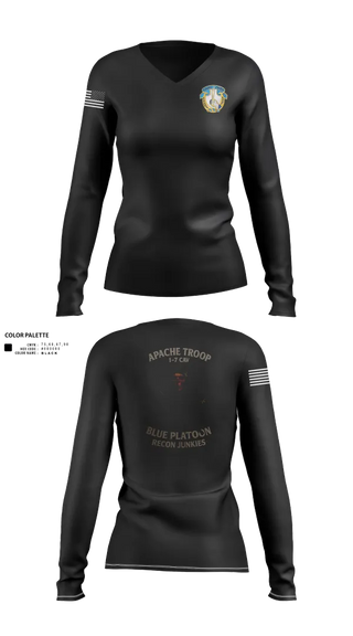 Womens Long Sleeve Vneck Shirt, 1-7 Cavlary Division Apache Troop Blue Platoon Recon Junkies, Army, Teamtime, Team time, sublimation, custom sports apparel, team uniforms, spirit wear, spiritwear, sports uniforms, custom shirts, team store, custom team store, fundraiser sports, apparel fundraiser