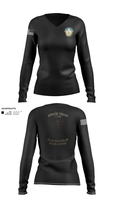 1-7 Cavlary Division Apache Troop Blue Platoon Recon Junkies Women's Long Sleeve V-neck Shirt - 21