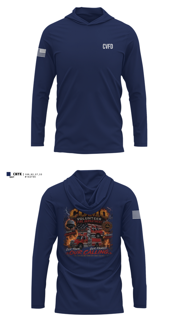 Long Sleeve Performance Shirt with hood, Como Volunteer Fire Department, Fire Department, Teamtime, Team time, sublimation, custom sports apparel, team uniforms, spirit wear, spiritwear, sports uniforms, custom shirts, team store, custom team store, fundraiser sports, apparel fundraiser