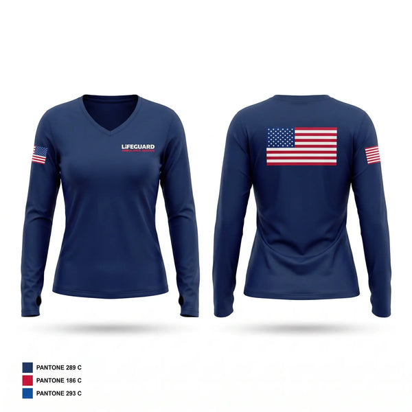 Womens Long Sleeve Vneck Shirt, Lifeguard ambulance, EMS/EMT, Teamtime, Team time, sublimation, custom sports apparel, team uniforms, spirit wear, spiritwear, sports uniforms, custom shirts, team store, custom team store, fundraiser sports, apparel fundraiser