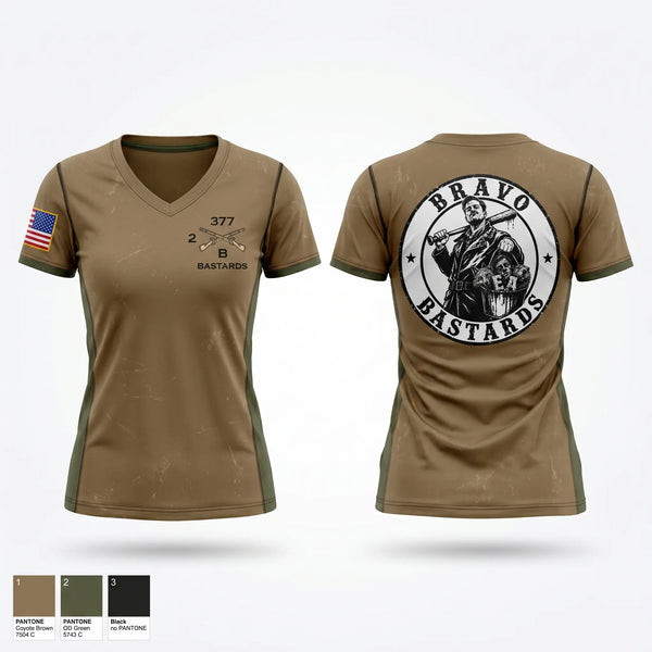 Womens Short Sleeve Vneck Shirt, Bravo Co 2/377, Army, Teamtime, Team time, sublimation, custom sports apparel, team uniforms, spirit wear, spiritwear, sports uniforms, custom shirts, team store, custom team store, fundraiser sports, apparel fundraiser