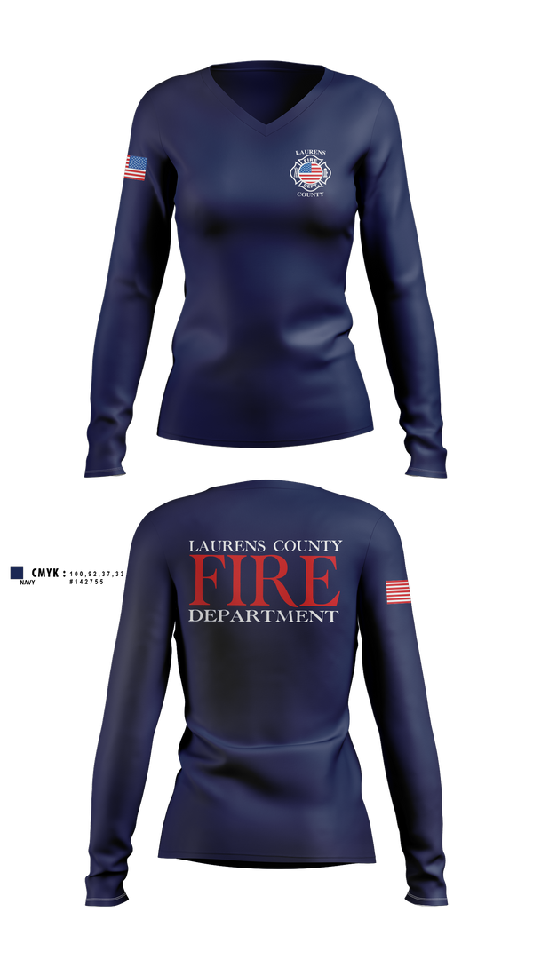 Womens Long Sleeve Vneck Shirt, Laurens County Fire Department, Fire Department, Teamtime, Team time, sublimation, custom sports apparel, team uniforms, spirit wear, spiritwear, sports uniforms, custom shirts, team store, custom team store, fundraiser sports, apparel fundraiser