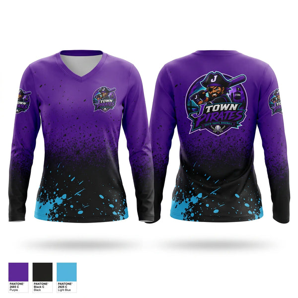 Womens Long Sleeve Vneck Shirt, J-Town Pirates, Baseball, Teamtime, Team time, sublimation, custom sports apparel, team uniforms, spirit wear, spiritwear, sports uniforms, custom shirts, team store, custom team store, fundraiser sports, apparel fundraiser