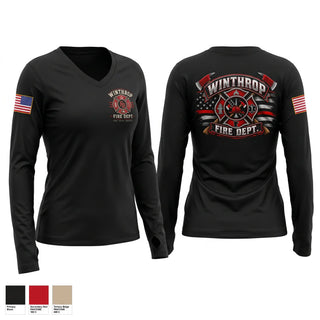 Womens Long Sleeve Vneck Shirt, Winthrop Fire Department, Fire Department, Teamtime, Team time, sublimation, custom sports apparel, team uniforms, spirit wear, spiritwear, sports uniforms, custom shirts, team store, custom team store, fundraiser sports, apparel fundraiser