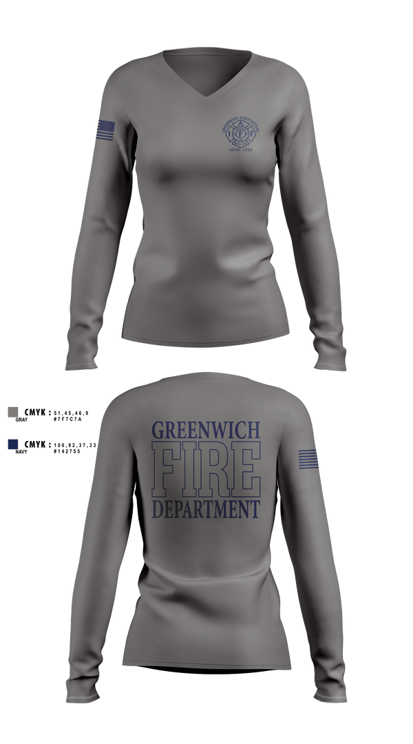 Womens Long Sleeve Vneck Shirt, Greenwich Fire Local 1042, Fire Department, Teamtime, Team time, sublimation, custom sports apparel, team uniforms, spirit wear, spiritwear, sports uniforms, custom shirts, team store, custom team store, fundraiser sports, apparel fundraiser
