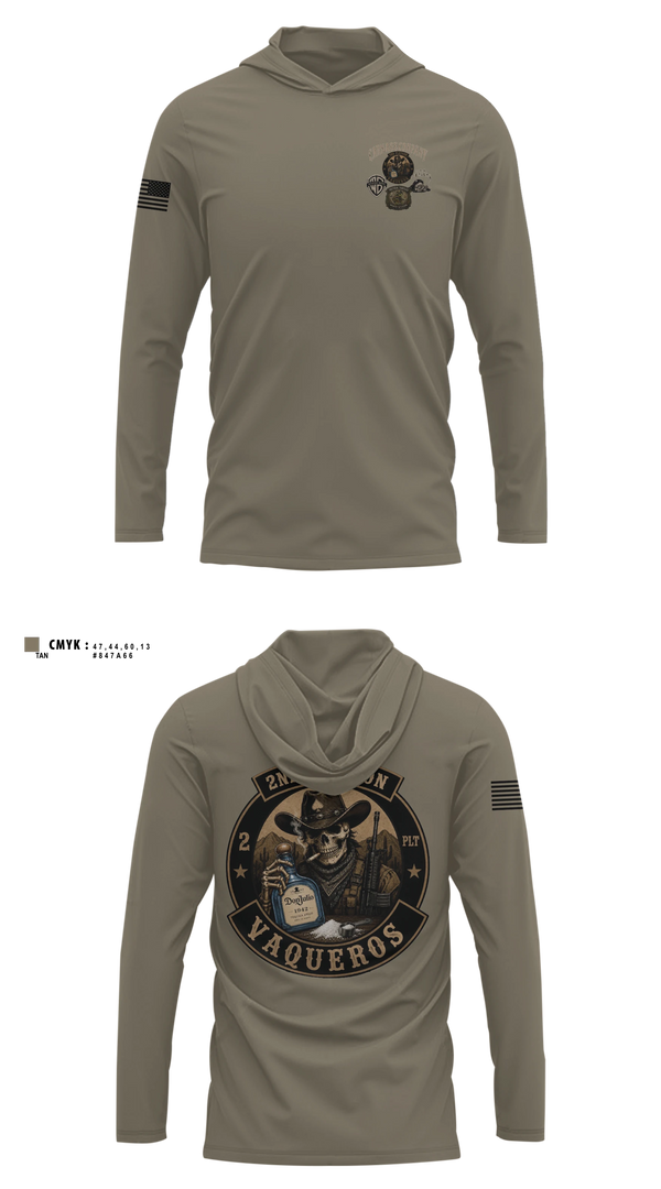 Long Sleeve hooded sunshirt, 2nd Platoon Vaqueros, Army, Teamtime, Team time, sublimation, custom sports apparel, team uniforms, spirit wear, spiritwear, sports uniforms, custom shirts, team store, custom team store, fundraiser sports, apparel fundraiser