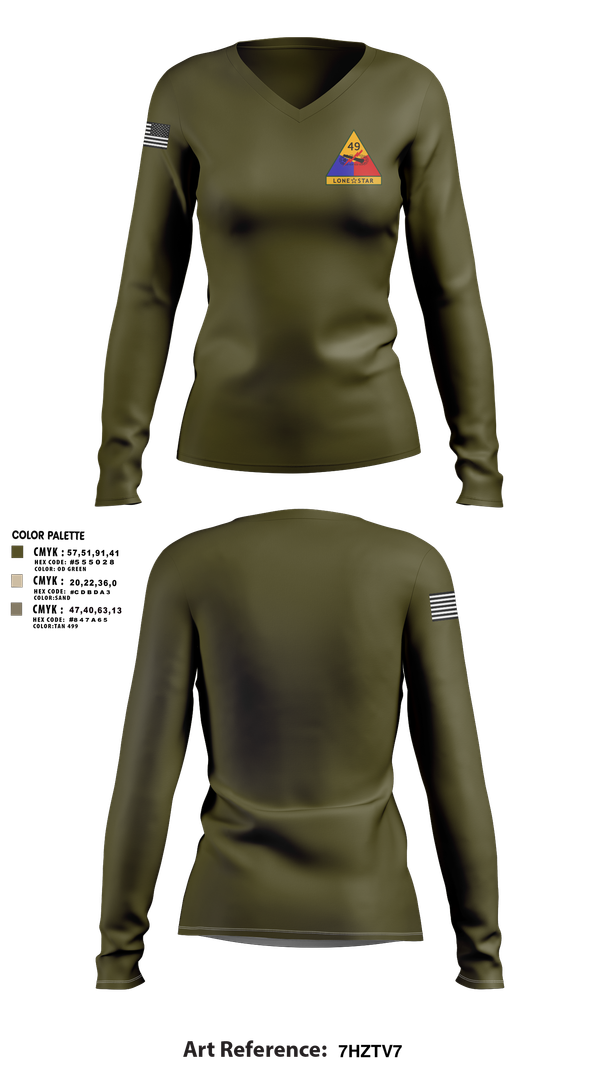 Womens Long Sleeve Vneck Shirt, 49th Armored, , Teamtime, Team time, sublimation, custom sports apparel, team uniforms, spirit wear, spiritwear, sports uniforms, custom shirts, team store, custom team store, fundraiser sports, apparel fundraiser