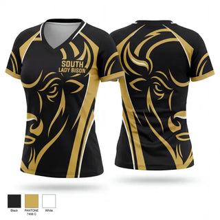 Womens Short Sleeve Vneck Shirt, South lady bison, Wrestling, Teamtime, Team time, sublimation, custom sports apparel, team uniforms, spirit wear, spiritwear, sports uniforms, custom shirts, team store, custom team store, fundraiser sports, apparel fundraiser
