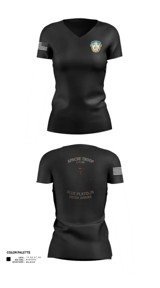 Womens Short Sleeve Vneck Shirt, 1-7 Cavlary Division Apache Troop Blue Platoon Recon Junkies, Army, Teamtime, Team time, sublimation, custom sports apparel, team uniforms, spirit wear, spiritwear, sports uniforms, custom shirts, team store, custom team store, fundraiser sports, apparel fundraiser