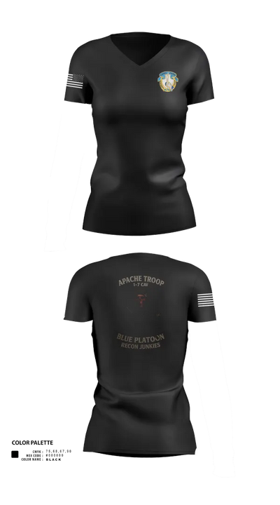 1-7 Cavlary Division Apache Troop Blue Platoon Recon Junkies Women's Short Sleeve V-neck Shirt - 21